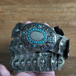 Vintage belt silver western cowgirl rodeo elasticated turquoise beads size L